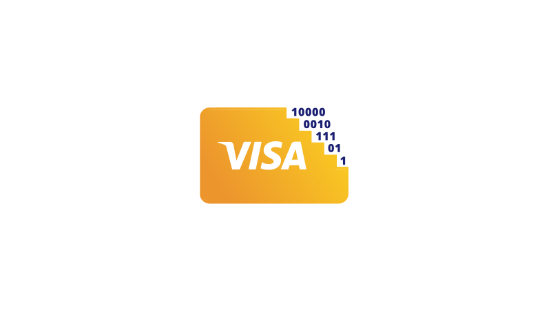 Illustration of a Visa card with binary code at the top right corner.